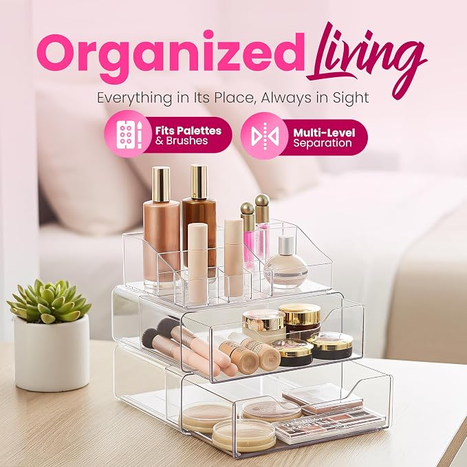 Masirs Clear Acrylic Makeup Organizer with Drawers – Cosmetic Vanity Storage for Skincare, Hair Accessories, Jewelry, Perfume – Durable Countertop Bathroom Organizer