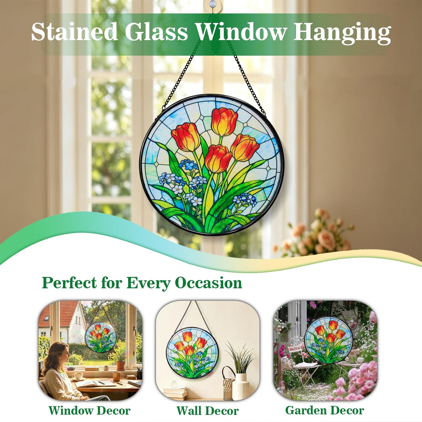 Katinyos 8 Inch Stained Glass Window Hanging, Sun Catcher with Metal Chain and Hooks, Decorative Stained Glass Panel for Garden & Patio (Tulip)