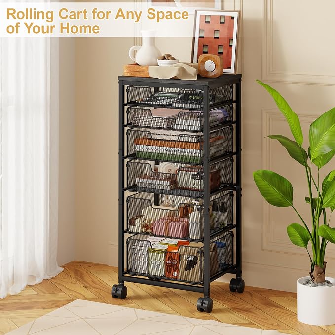 Sbanmao 6 Drawers Rolling Utility Cart, Rolling Storage Cart with Wooden Tabletop, Storage Drawer Cart on Lockable Wheels, Craft Cart for Bedroom, Classroom, Office, Black