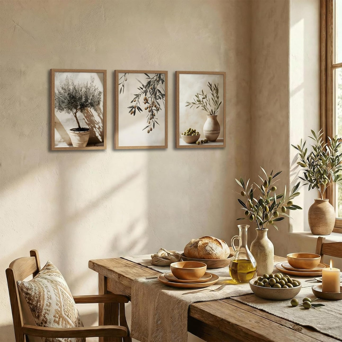 3Pcs Wooden Framed Tree Botanical Canvas Wall Art Mediterranean Olive Branch Painting Prints Poster, Rustic Farmhouse Neutral Picture Decor for Living Room Bedroom Kitchen Dining Room 12x16in