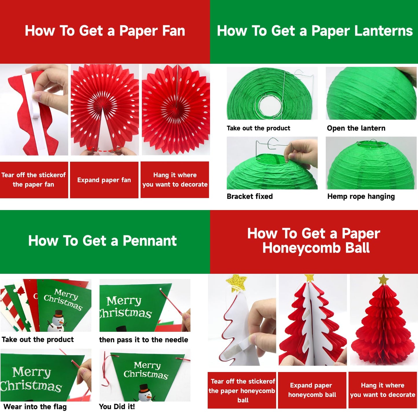 YOVIWEI Christmas Party Decorations - Red & Green Christmas Flag, Xmas Tree Honeycomb Balls Garland Paper Fans Paper Lanterns for Holiday Party Decorations Winter Party New Year's Eve Classroom Decor