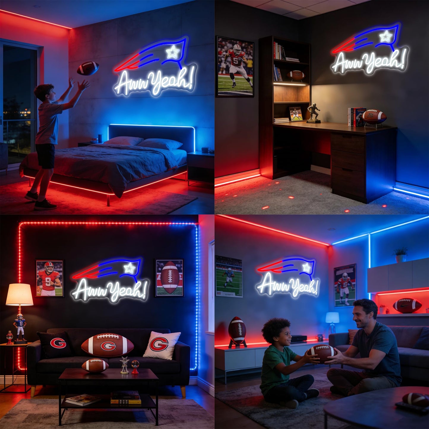 Football Team Neon Sign, Cool Dimmable Light Up Led Aww Yeah Football Sign Merch Logo Hanging USB Powered for Wall Decor, Man Cave, Bedroom, Game Room Deco, Birthday Christmas Gift for Kids Boys Fans (Petriots)
