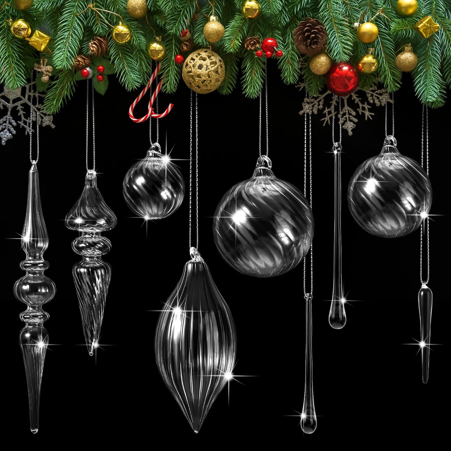 Thyle 25 Pcs Clear Glass Christmas Ornaments Glass Finial Teardrop Icicle Balls Hanging Decorative Crystal Ornaments for Christmas Tree Wreath Home Decoration Supplies, 6 Style