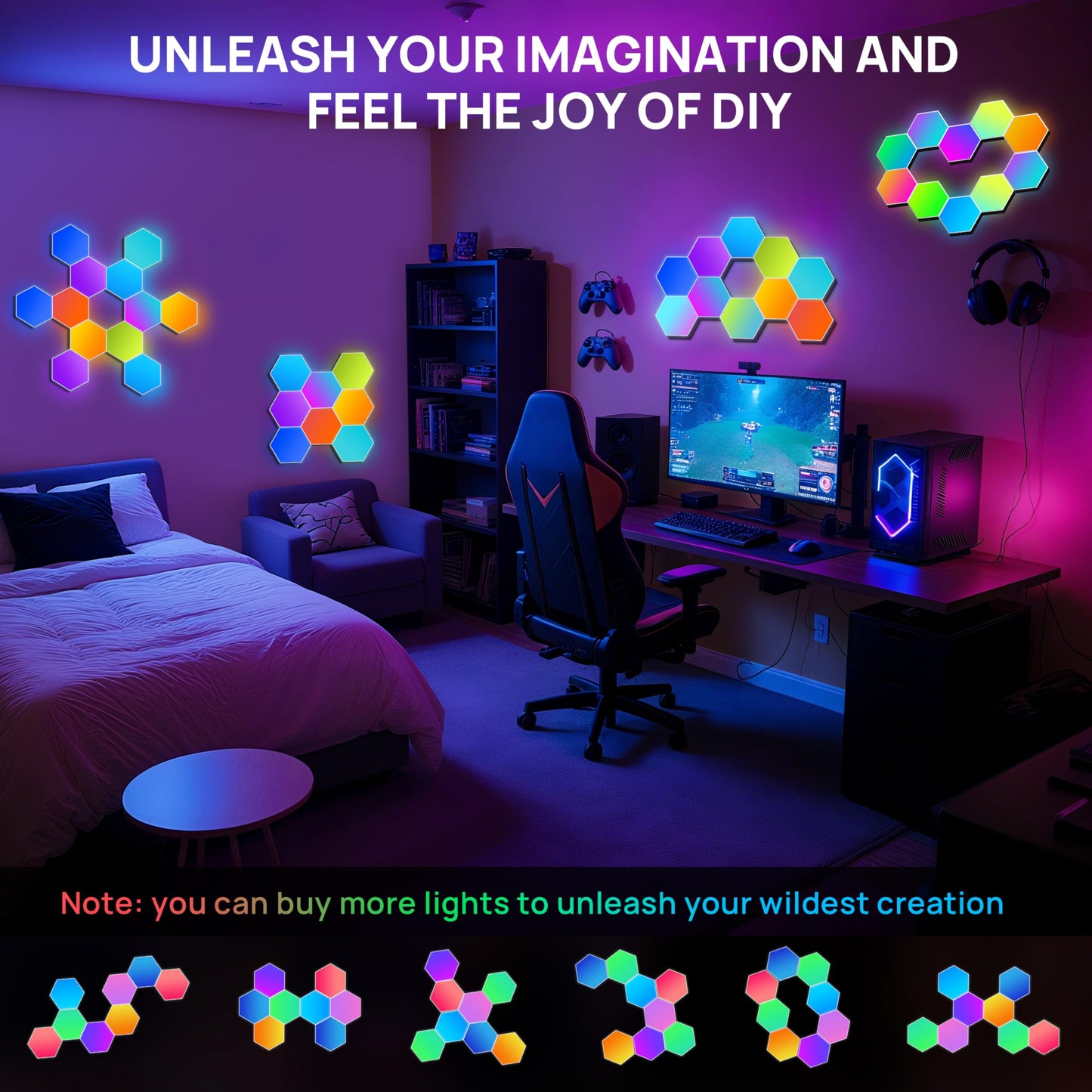 KORORO Hexagon LED Lights - 8 Pack Smart APP RGB Gaming Light with Remote Control & Music Sync Honeycomb Shape Hex Lights for Bedroom, Living Room Wall, Gaming Decor