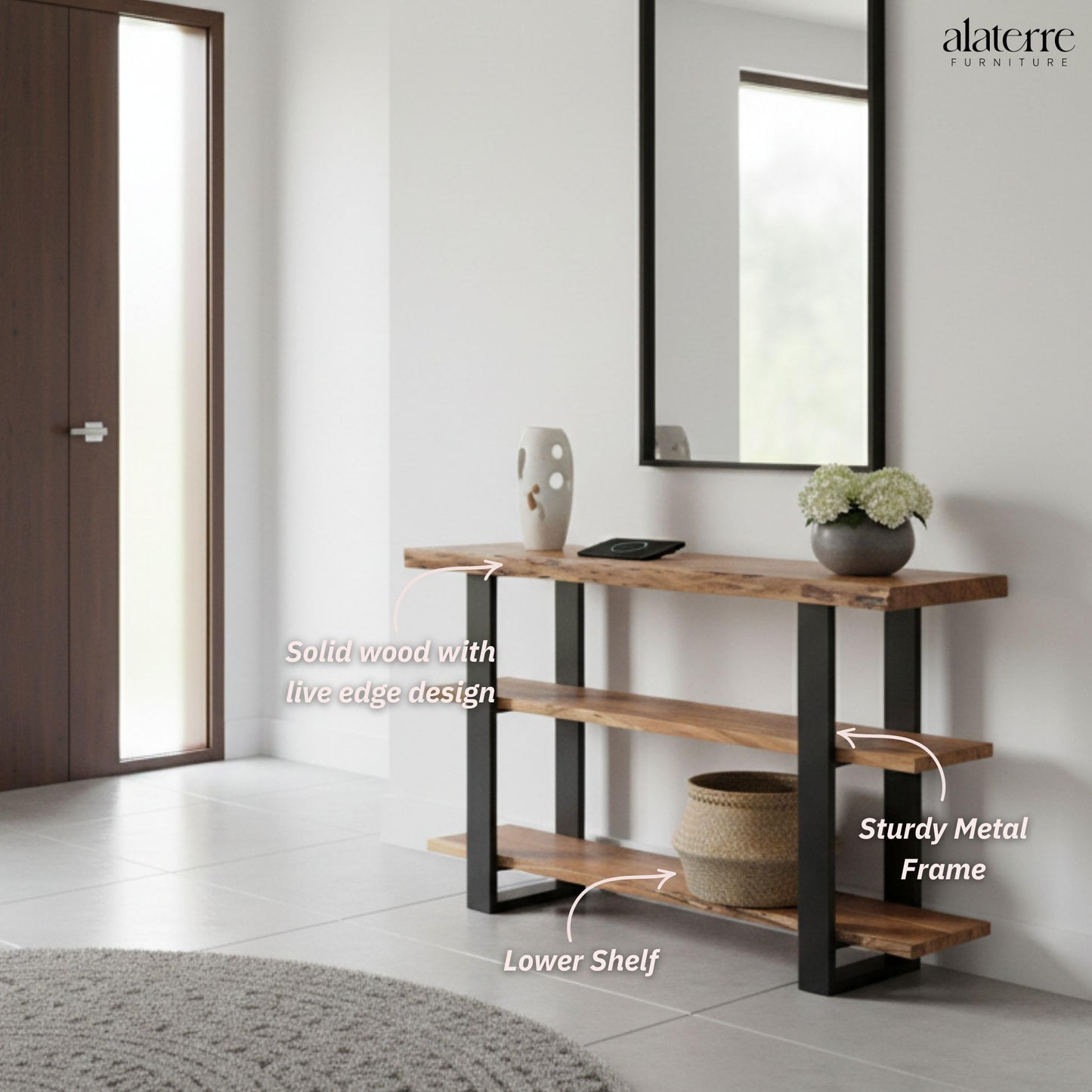 Alpine 3-Tier Live Edge Console Table with Metal Frame – 48-Inch Solid Acacia Wood Entryway Table – Rustic Modern Industrial Sofa Table or Media Console by Alaterre Furniture (Natural Finish)