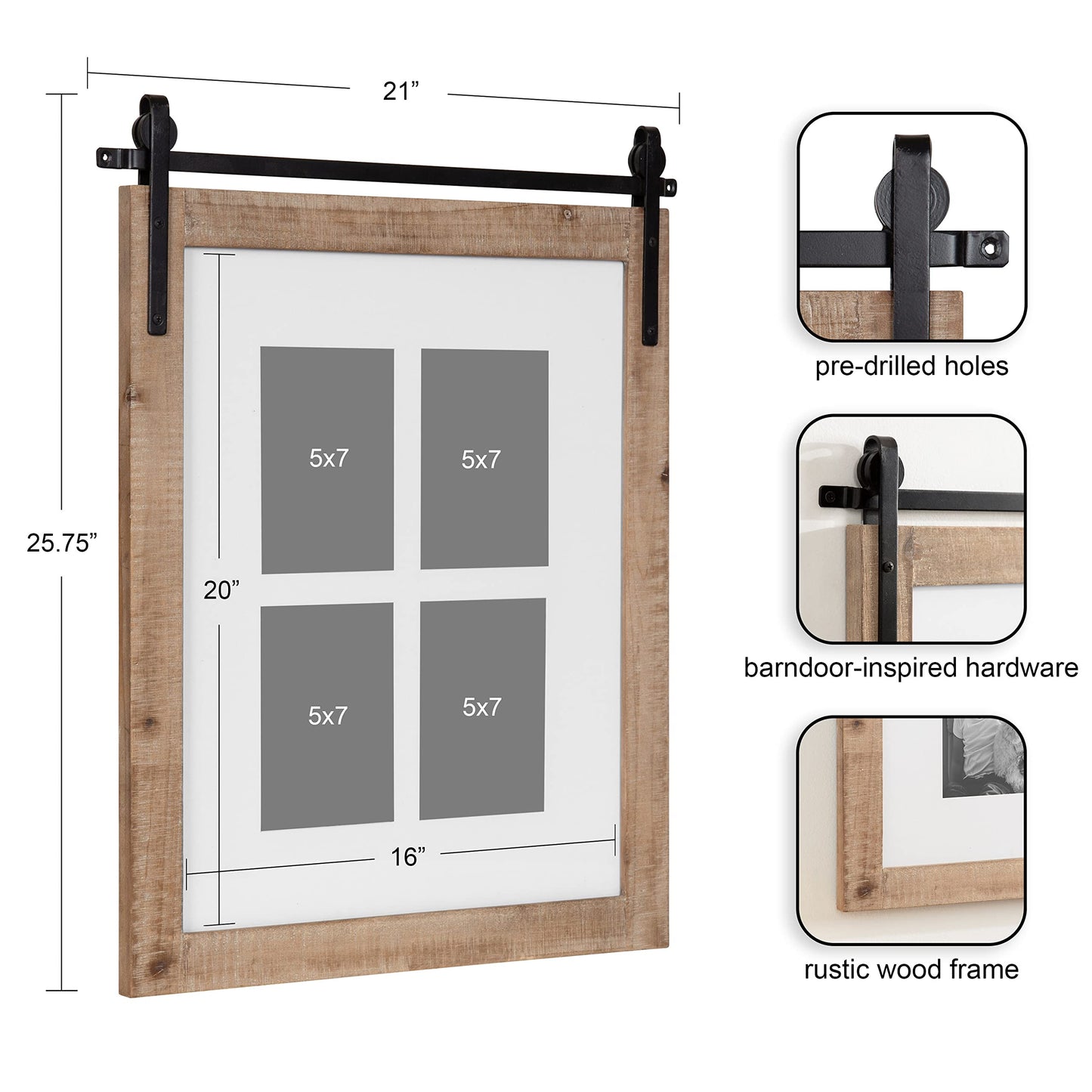 Kate and Laurel Cates Farmhouse Wooden Collage Picture Frame; 21x26 Matted to (4) 5x7; Rustic Natural Brown; Photograph Frame Fitting Four 5x7 Images with Barn Door-Inspired Design
