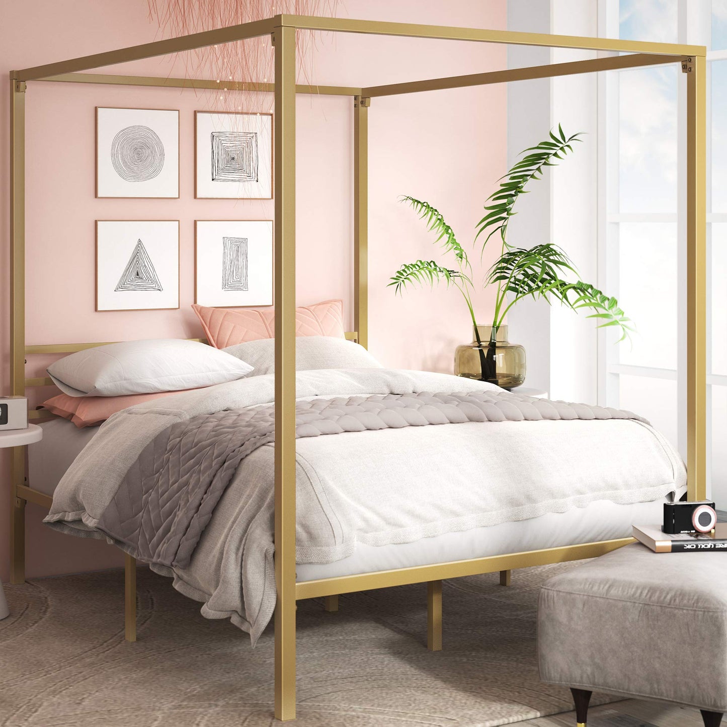 Zinus Patricia Gold Metal Canopy Platform Bed Frame, Mattress Foundation with Steel Slat Support, No Box Spring Needed, Easy Assembly, Queen