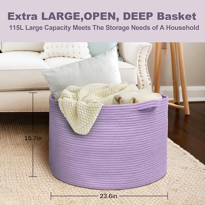 MEGASKET 115L Extra Large Purple Storage Basket, 23.6" X 15.7" Jumbo Woven Cotton Rope Bin for Throw Blankets Pillows, Baby Laundry Basket, Dirty Clothes Organizer, Big Storage Box for Toys, Towels
