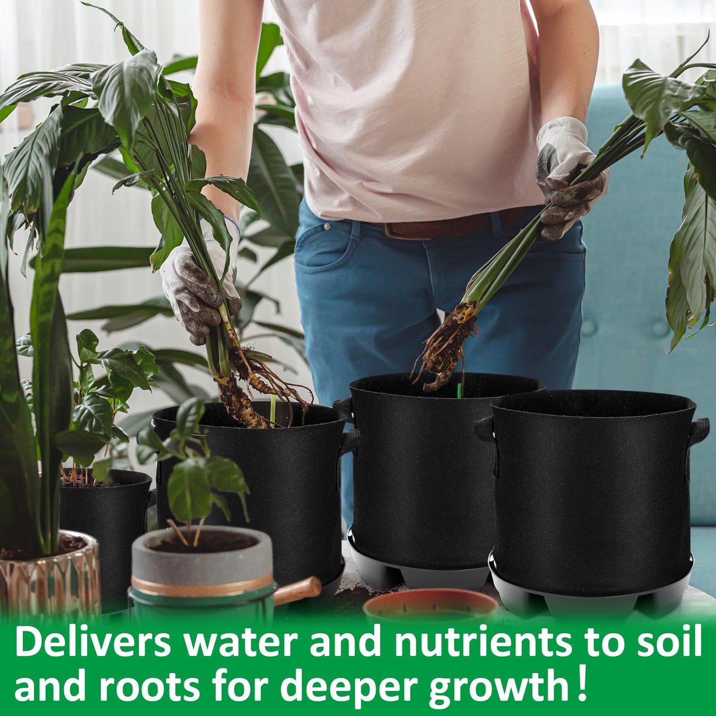 Jingmore 6 Set Self Watering Fabric Pot Base 3 Gallon Plant Nonwoven Grow Bags Automatic Watering System Plant Saucer Elevated Flower Trays with Handles for Fruits Vegetables Flowers Grow(Black)