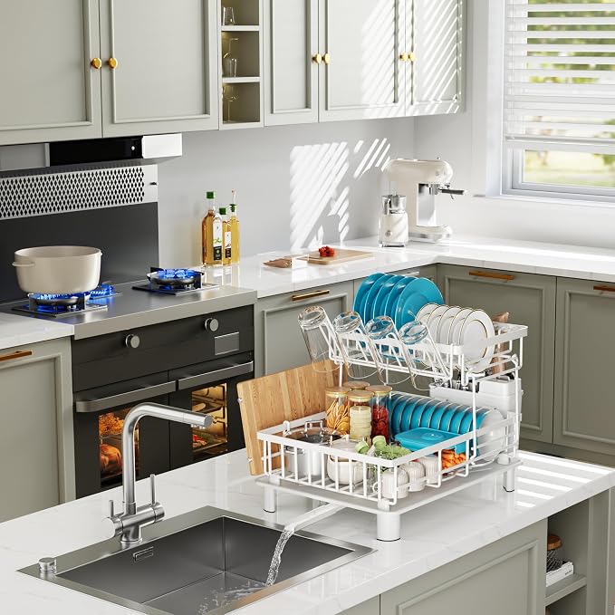 Dish Drying Rack, 2 Tier Dish Racks for Kitchen Counter, Compact Dish Drainer Rack, Detachable Dish Rack with Drainboard, Utensil Holder, Cup Holder for Small Space - White