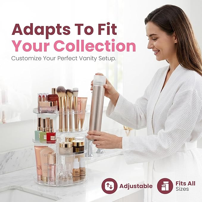 Masirs 360 Rotating Makeup Organizer Countertop - Adjustable Shelf Height - The Perfect Round Spinning Cosmetic Organizer for Bedroom Dresser or Vanity Countertop Storage (Clear)