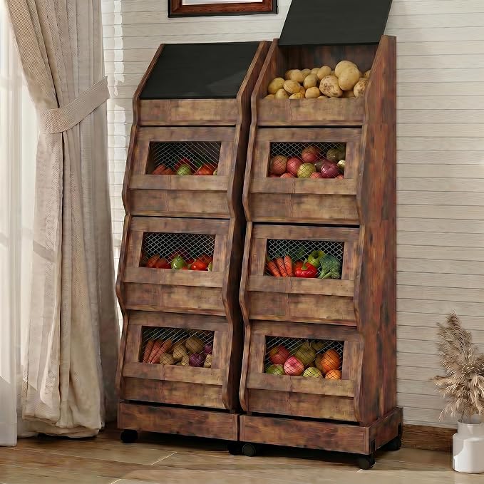 ARTETHYS Potato and Onion Storage Bin On Wheels, Movable 4 Tiers Freestanding Garlic and Onion Box Organizer, Bread and Vegetables Storage Cabinet Rack for Kitchen, Rustic