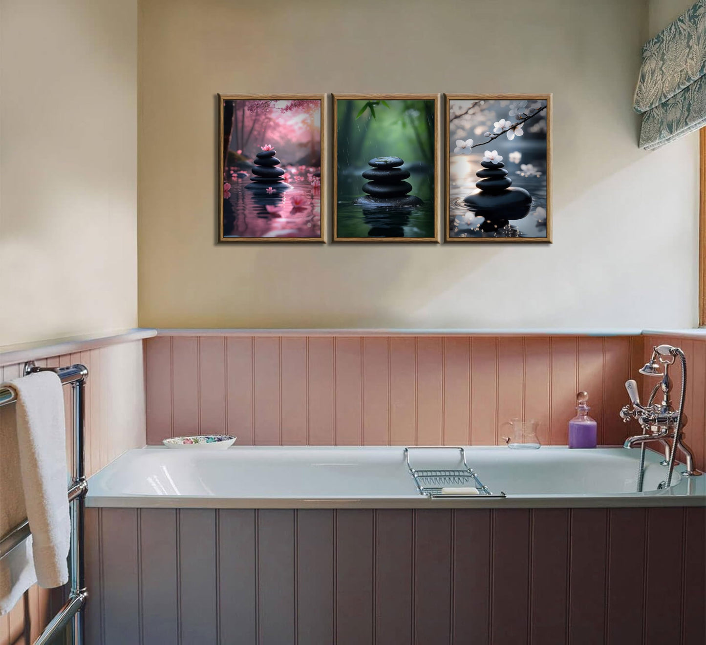 INADIKEIN 3pcs Zen Stone Wall Art Modern Zen Bathroom Wall Decor Meditation Spa Stone Poster Green Bamboo Lotus Printed Artwork for Yoga Meditation Spiritual Room Bathroom Unframed
