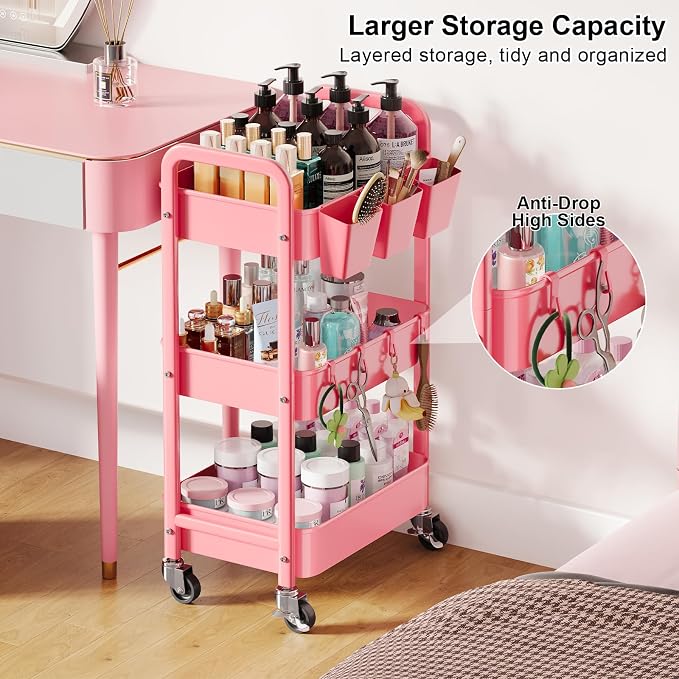 3 Tier Rolling Cart with Wheels, Metal Utility Storage Cart on Wheels, Craft Carts Organizer with Hanging Cups, Hooks, Three Tiered Rolling Carts for Bathroom, Laundry Room, Nursery, Office, Pink