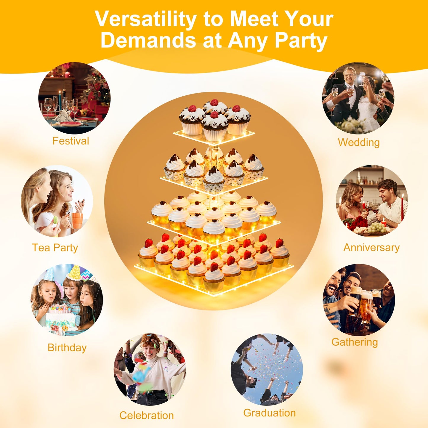 YestBuy Cupcake Stand with Yellow Led Lights, 4 Tier Cupcake Stand for 50 Cupcakes, Acrylic Cupcake Tower Stand, Clear Tiered Cupcake Holder for Birthday Cady Bar Décor Weddings, Parties Events