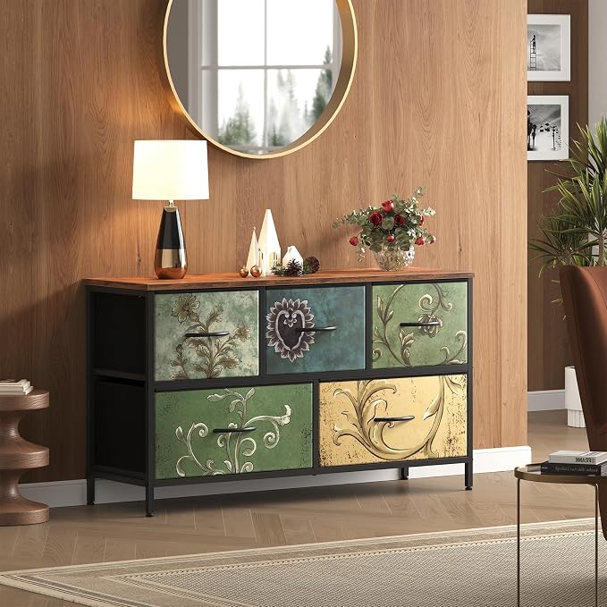 OLIXIS Dresser for Bedroom with 5 Drawers, Wide Chest of Drawers, Fabric Bedroom Dresser with Drawer Organizer, Storage Organizer Unit with Fabric Bins for Closet, Living Room, Hallway, Flower
