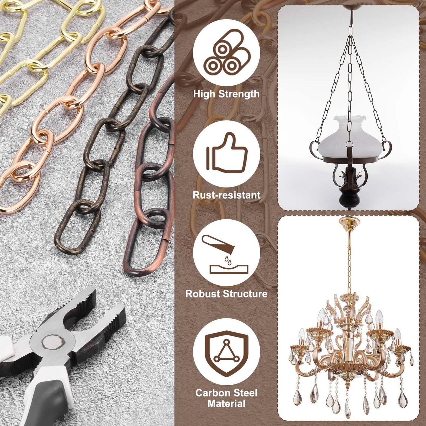 uxcell 7ft Lighting Hanging Chain, 2.4mm/0.09" Looping Metal Pendant Chandelier Chain Extension with 2 Spring Snap Hook for Hanging Plant Pendant Chandelier Light Fixture, Light Copper