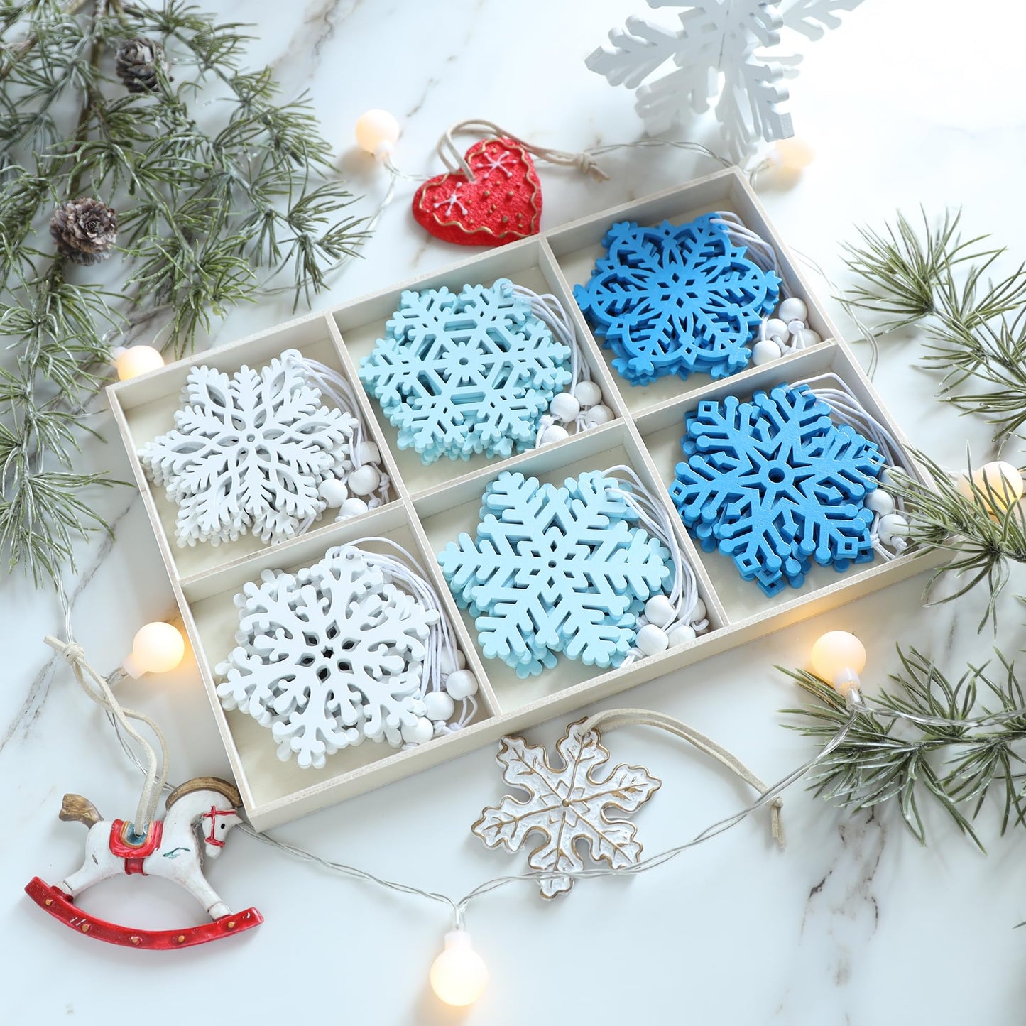 24Pcs Blue Snowflake Ornaments for Christmas Tree Decorations, 3inch Wooden Snowflakes Christmas Ornaments for Winter Wonderland DIY Craft New Year Xmas Supplies