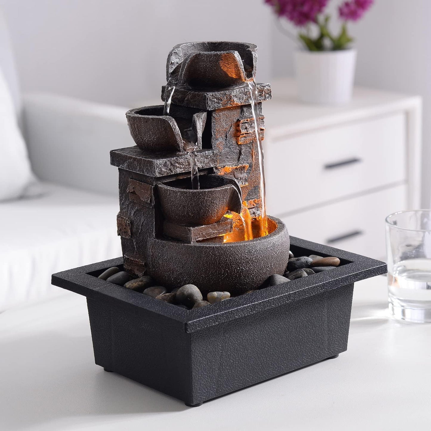 Kalona Décor Desktop Fountain - 10" 4-Tier Design with Imitation Stone, Indoor Waterfall Tabletop River Rocks & Resin Material for Serene Meditation & Relaxation - Ideal for Home & Office Decor