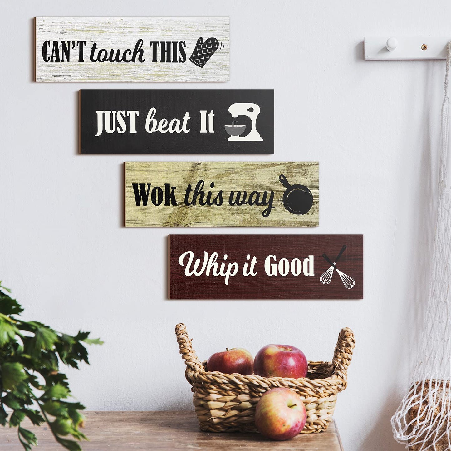 Jetec 4 Pieces Rustic Kitchen Wood Sign Decorations Kitchen Wall Signs Decor Above Cabinet Baking Prints Signs Family Farmhouse Hanging Wooden decoration for Home, 11.8 x 3.9 Inch(Classic Style)