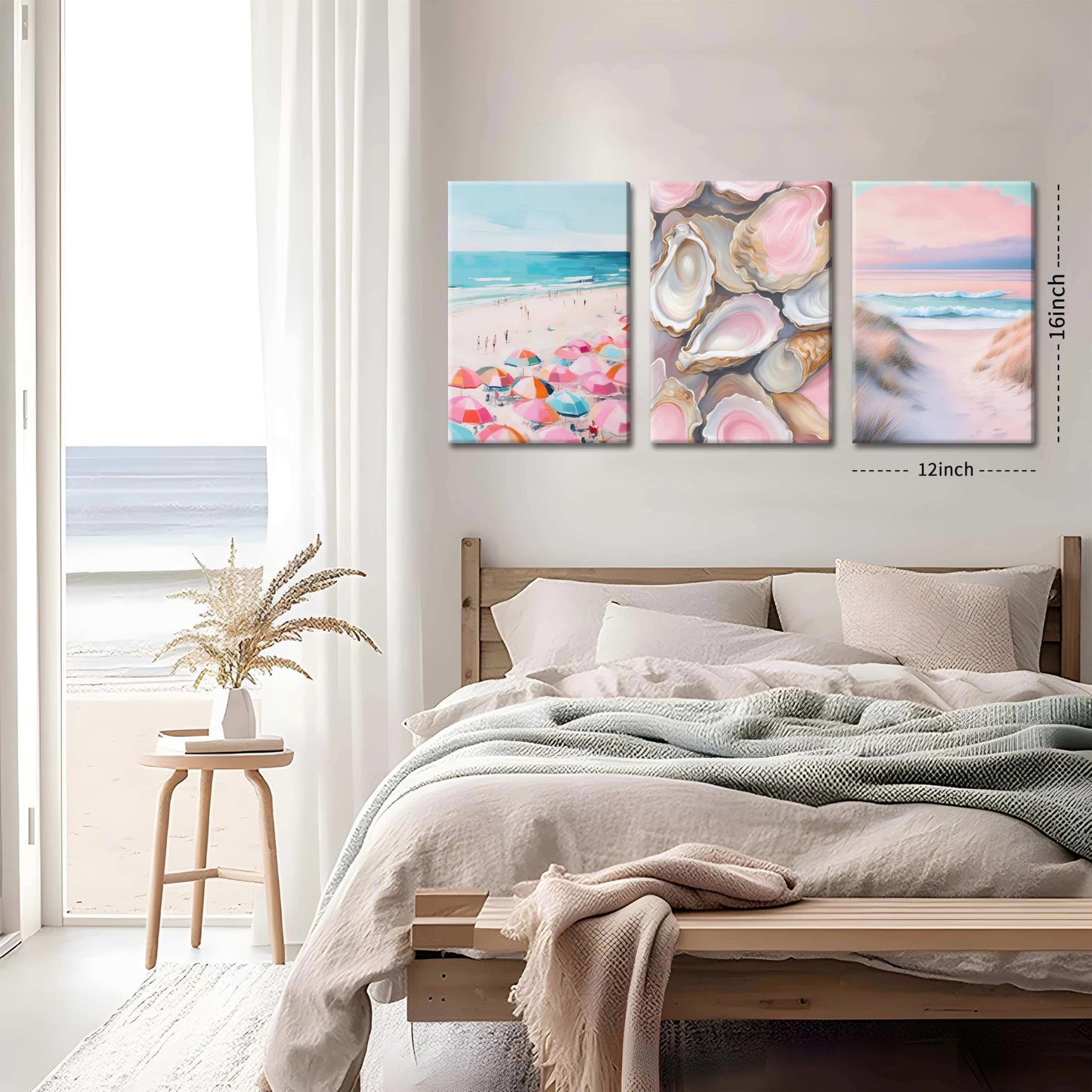 Preppy Coastal Canvas Wall Art Set of 3, Trendy Pink Beach Wall Decor Paintings, Summer Beachy Shells Oyster Aesthetic Posters Prints Pictures for Girls Room Dorm Bathroom Bedroom 12x16 Inch Framed