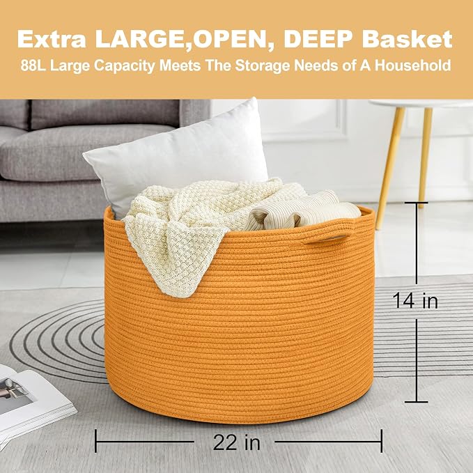 MEGASKET Extra Large Orange Basket, 22" X 22" X 14" Woven Cotton Rope Bins for Blankets, Baby Nursery Wicker Laundry Towel Basket, Kids Dog Toy Storage Box, Big Orange Living Room Decor Organizer