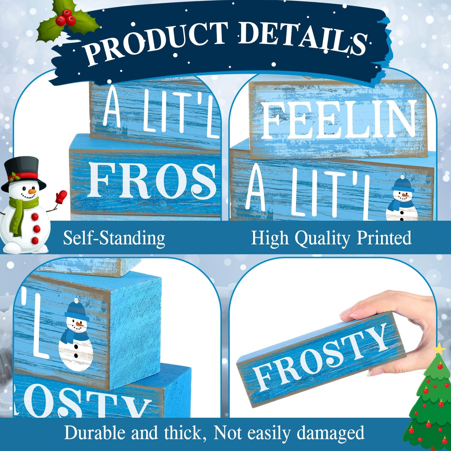 Yuntau 4 Pcs Winter Wooden Tabletop Decor Christmas Snowflake Tiered Tray Decor Rustic Wood Block Sign Gift Winter Centerpiece for Shelf Office Farmhouse Table Frozen Birthday Party Decoration