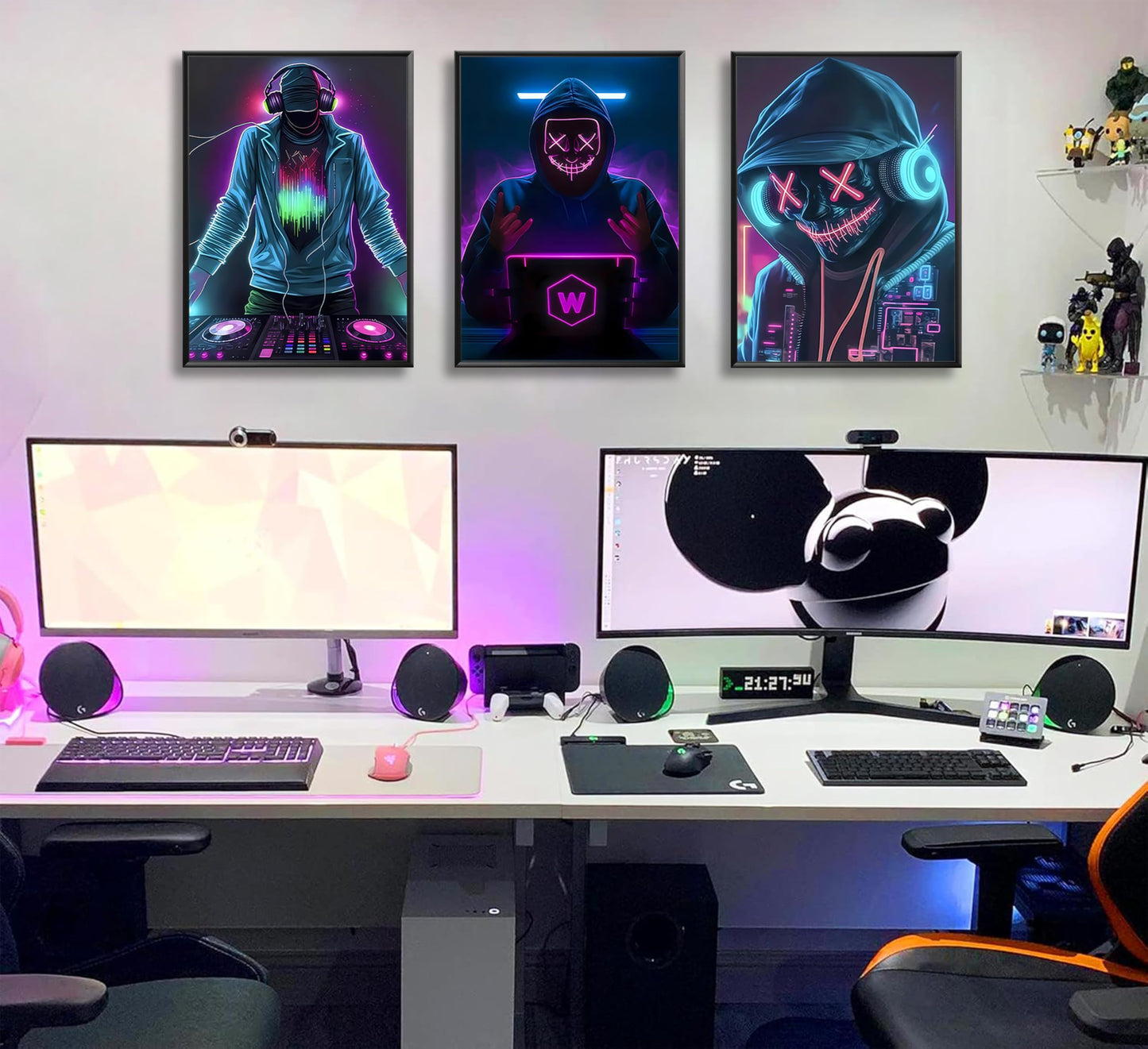 JWDXNOOK 3Pcs Cool Gaming Wall Art Neon Hooded Mask Character Pictures Posters Wall Decor Cyberpunk Canvas Paintings Prints for Teen Room Boy Bedroom Decoration Unframed