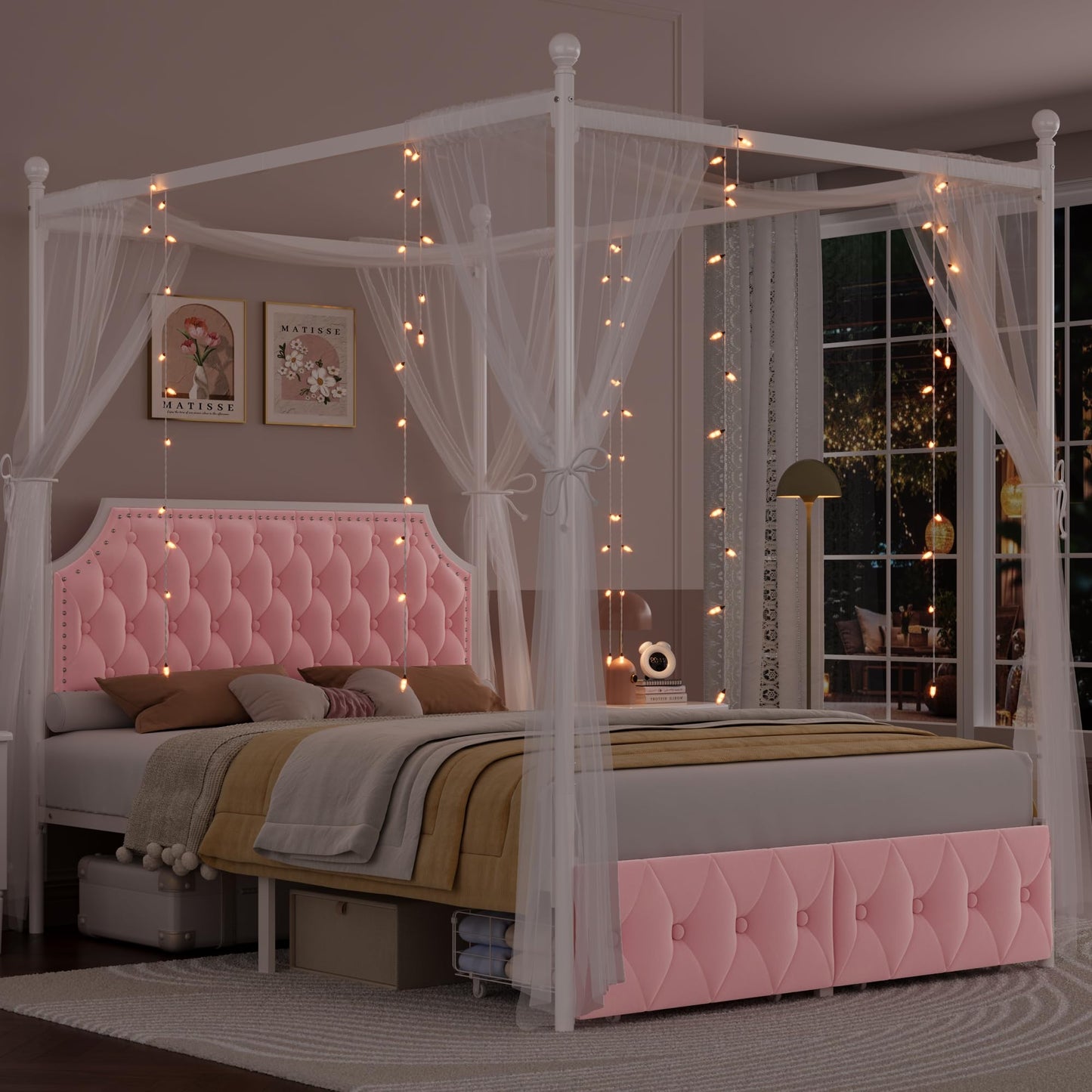 Keyluv Full Upholstered Canopy Bed Frame with 2 Storage Drawers & Button Tufted Headboard, Metal Platform Bed with 4 Removable Posts, Two-Purpose Velvet Bed, Pink/Curtain Not Included