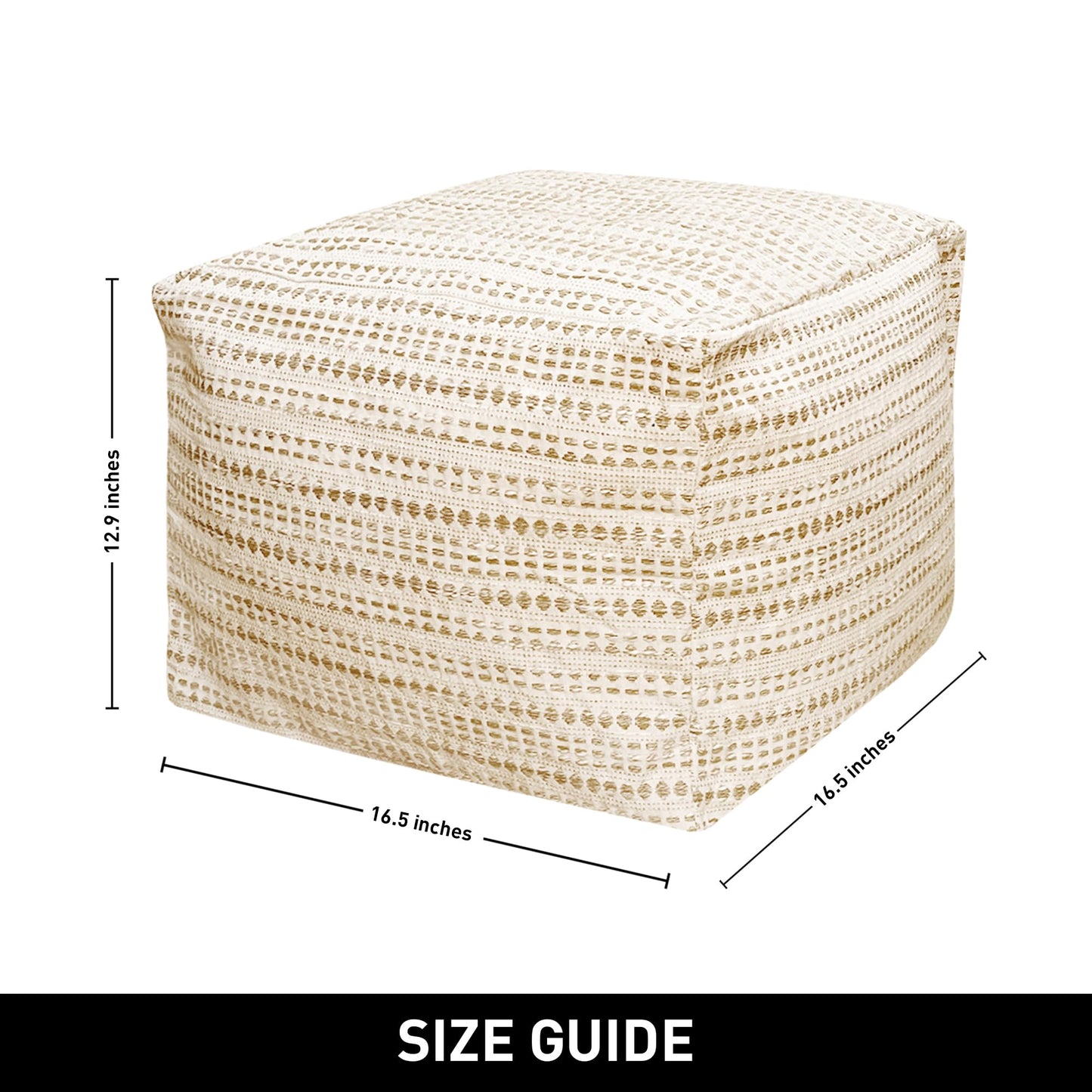 Chardin home Unstuffed Ottoman, Cozy & Bohemian Pouf Covers, Hand Crafted Casual Seating, Footrest, Square Floor Pillow for Home, Office, Bedroom, Living Room, 16.5" x 16.5"x 12.9", Beige-Off White