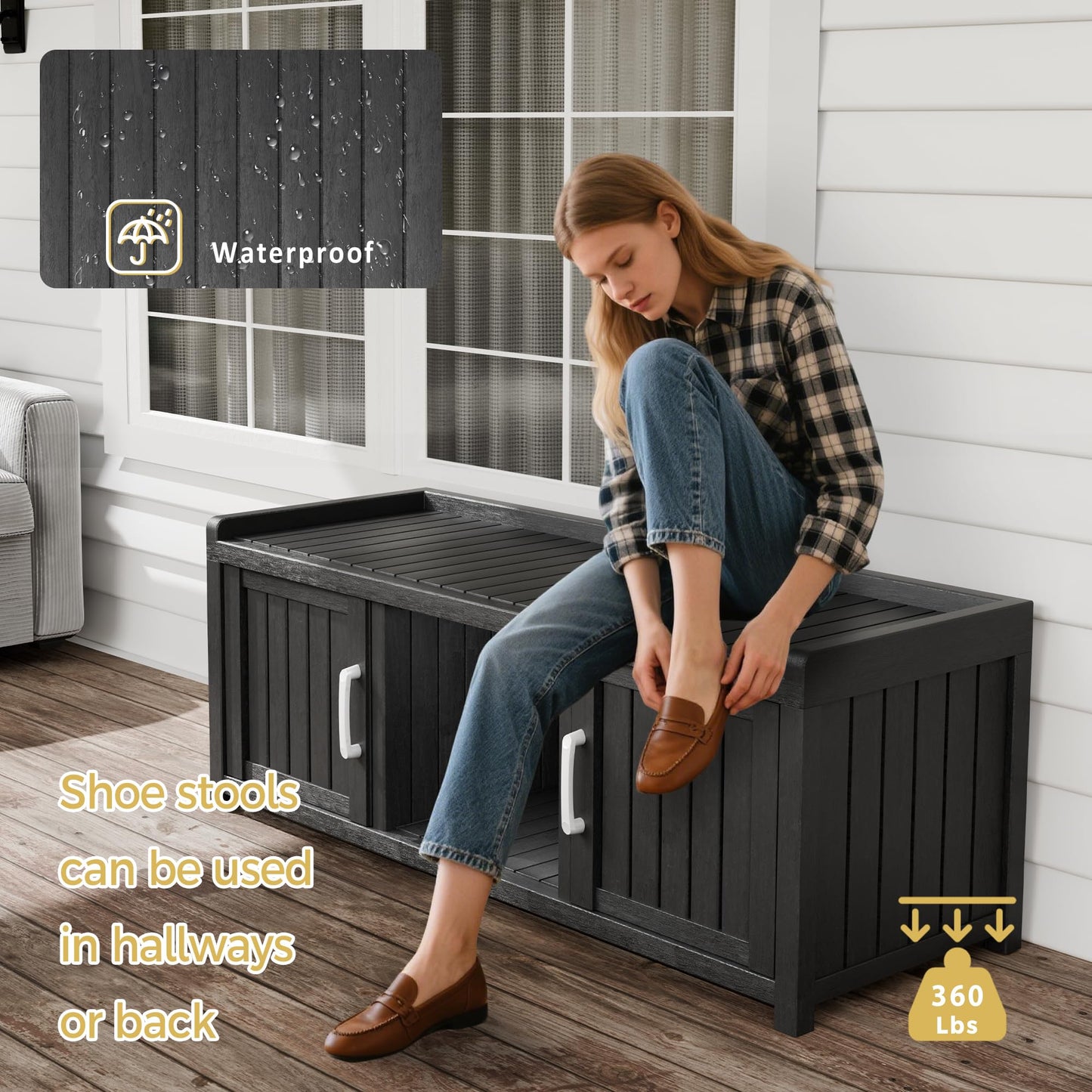 Trygoal Storage Bench - Waterproof Resin Shoe Bench with Adjustable Shelves - Indoor & Outdoor Use, 2 Doors Entryway Bench with Hidden Storage Space - Storage Cabinet for Bedroom, Hallway, Black