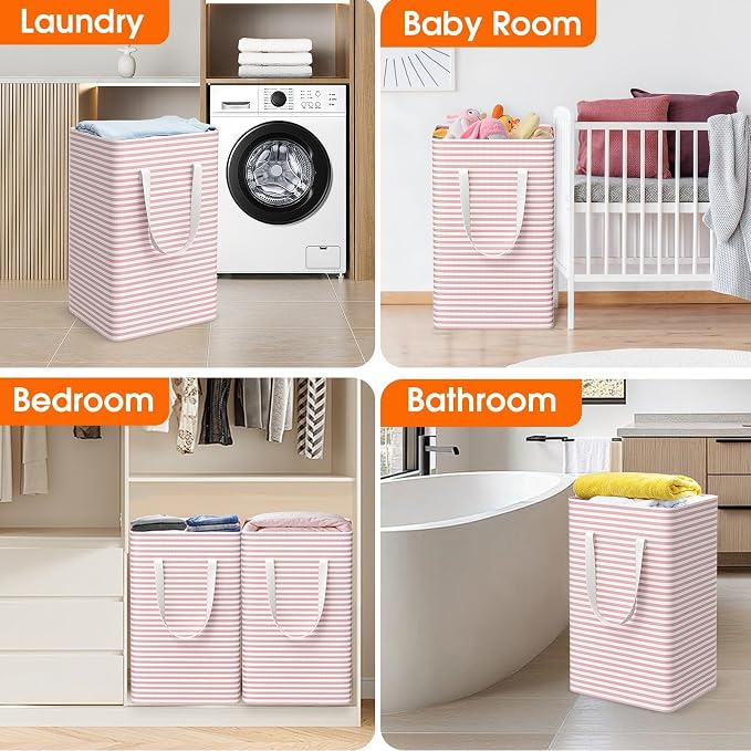 3 Pack Large Laundry Basket,Waterproof & Freestanding Laundry Hamper,Collapsible Clothes Hampers with Easy Carry Long & Reinforced Handles in Bathroom,College Dorm(88Lx3,Pink)