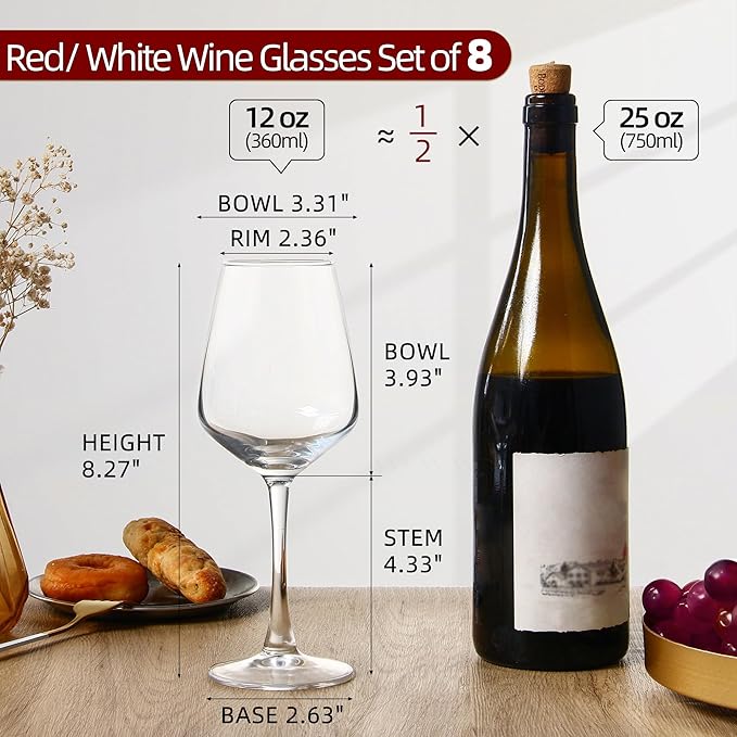 SHYRC Wine Glasses Set of 8, 12oz Clear Red/White, Long Stem Wine Glasses for Party, Wedding and Home