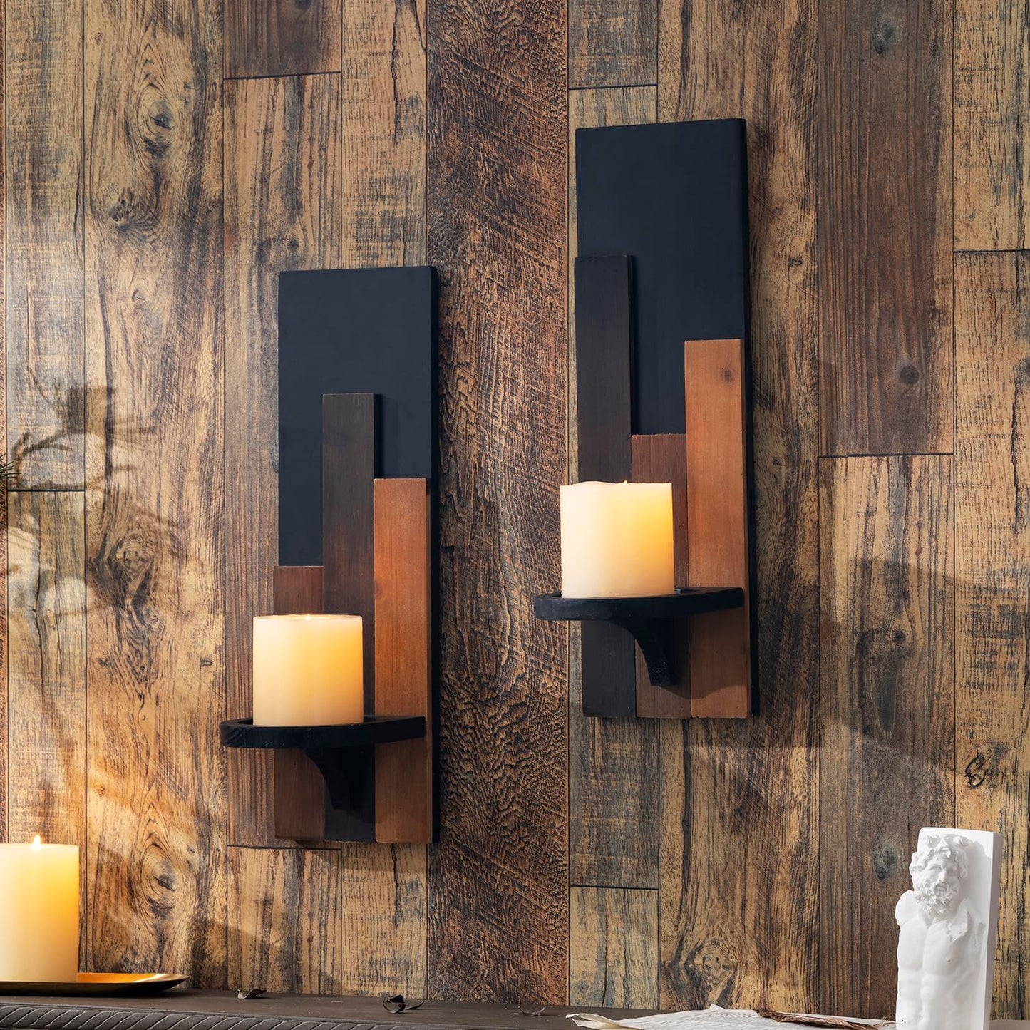 AimtoHome Wood Rustic Candle Sconces, Set of 2 Wall-Mounted Pillar Candle Holders, Antique Classical Wooden Candleholder for Farmhouse, Fireplace, Living Room, Bedroom, Rustic Home Decor