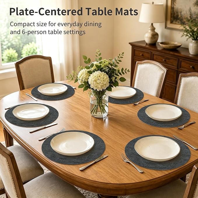 Maxpearl Round Placemats Set of 6, 13.8 inch Faux Leather Heat Resistant Table Mats, Non Slip Waterproof Wipeable Place Mats for Kitchen Dining Holiday Party Table Settings, Black