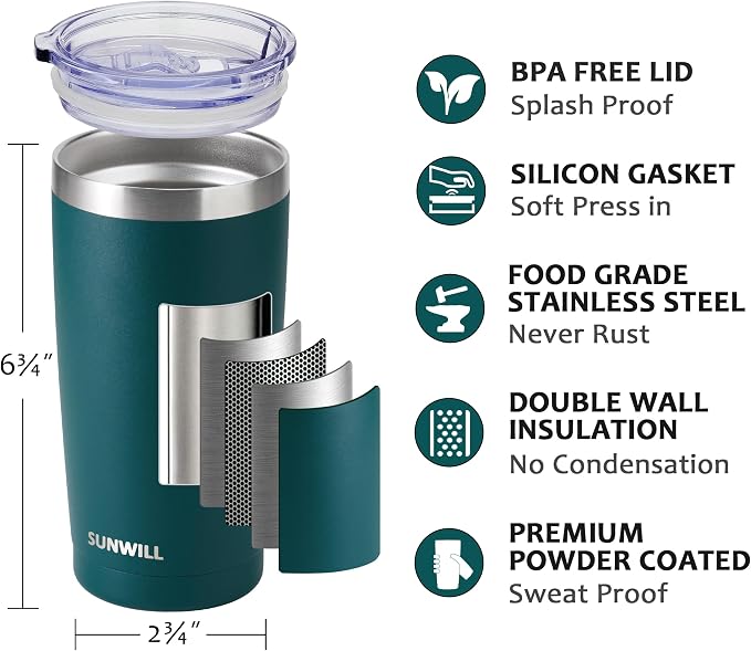 SUNWILL Travel Coffee Tumbler 20 oz, Insulated Mug with Lid, Stainless Steel Cup for Outdoor, Powder Coated Dark Green