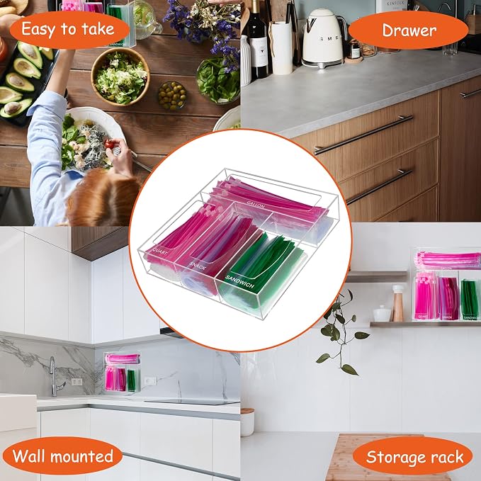 SEANADO Acrylic Zip Bag Storage Organizer, Bamboo Baggie Organizer Dispenser for Kitchen Drawer and Wall Mount，Compatible with Gallon, Quart, Sandwich & Snack Variety Size Bag(Clear)