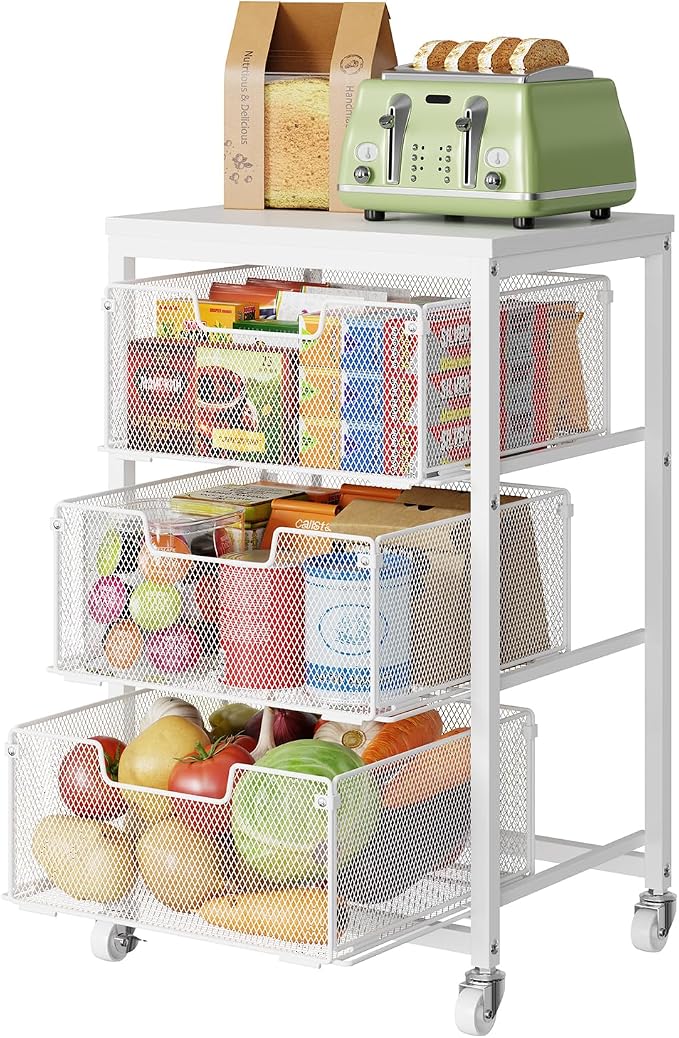 Kitchen Cart with Storage, 3-Tier Pantry Organizer and Storage Cart with Drawer, Fruit Vegetable Storage Cart with Wheels, Wooden Top Metal Wire Kitchen Organizer Rack Stand for Snack Onion Potato