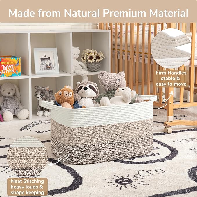 Goodpick Large Woven Storage Basket, 21.6" x 14.9" x 11.8" Rectangle Rope Baskets for Toy Storage, Blanket Basket for Living Room, Bedroom, Light Brown