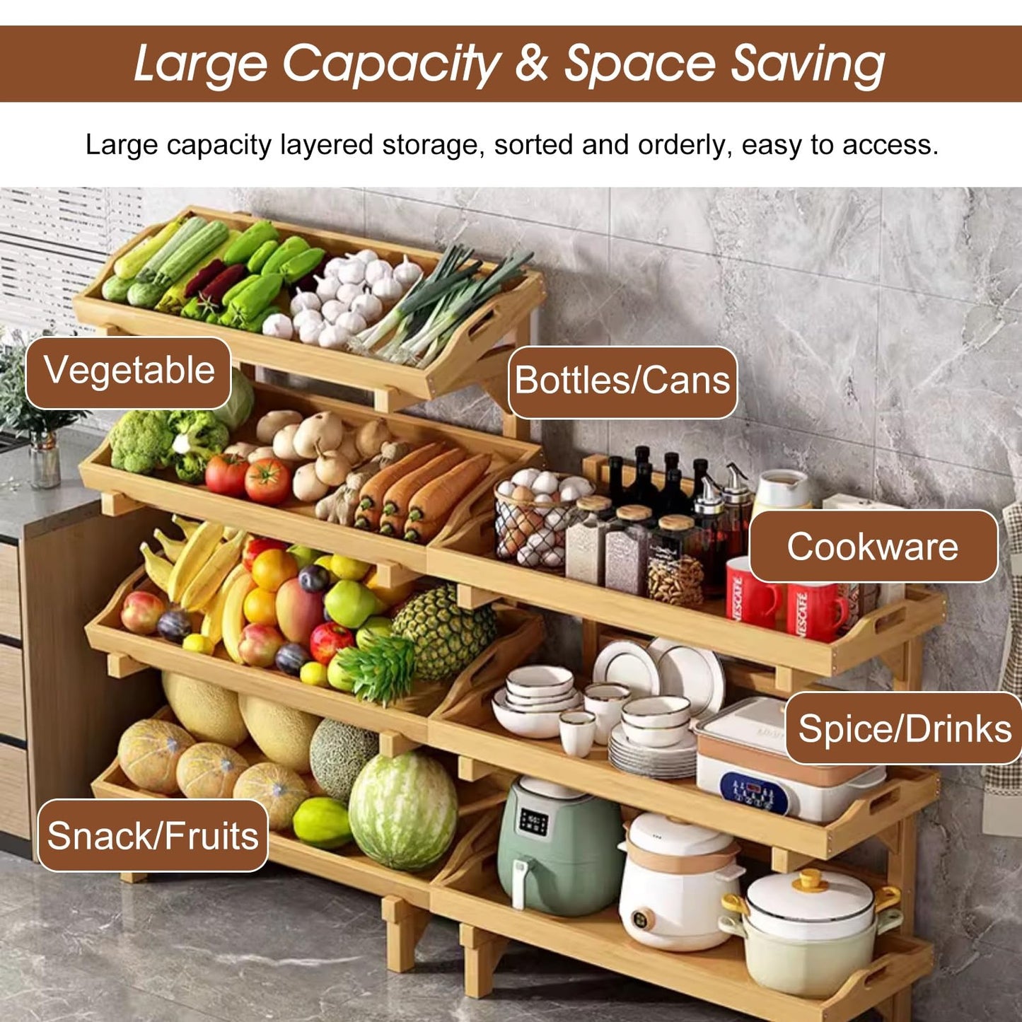 4-Tier Wooden Retail Rack Display Stand, Free Standing Vegetable & Fruit Storage Basket with Guardrail, Detachable Supermarket Snack Shelf for Home, Kitchen & Pantry (26in W)