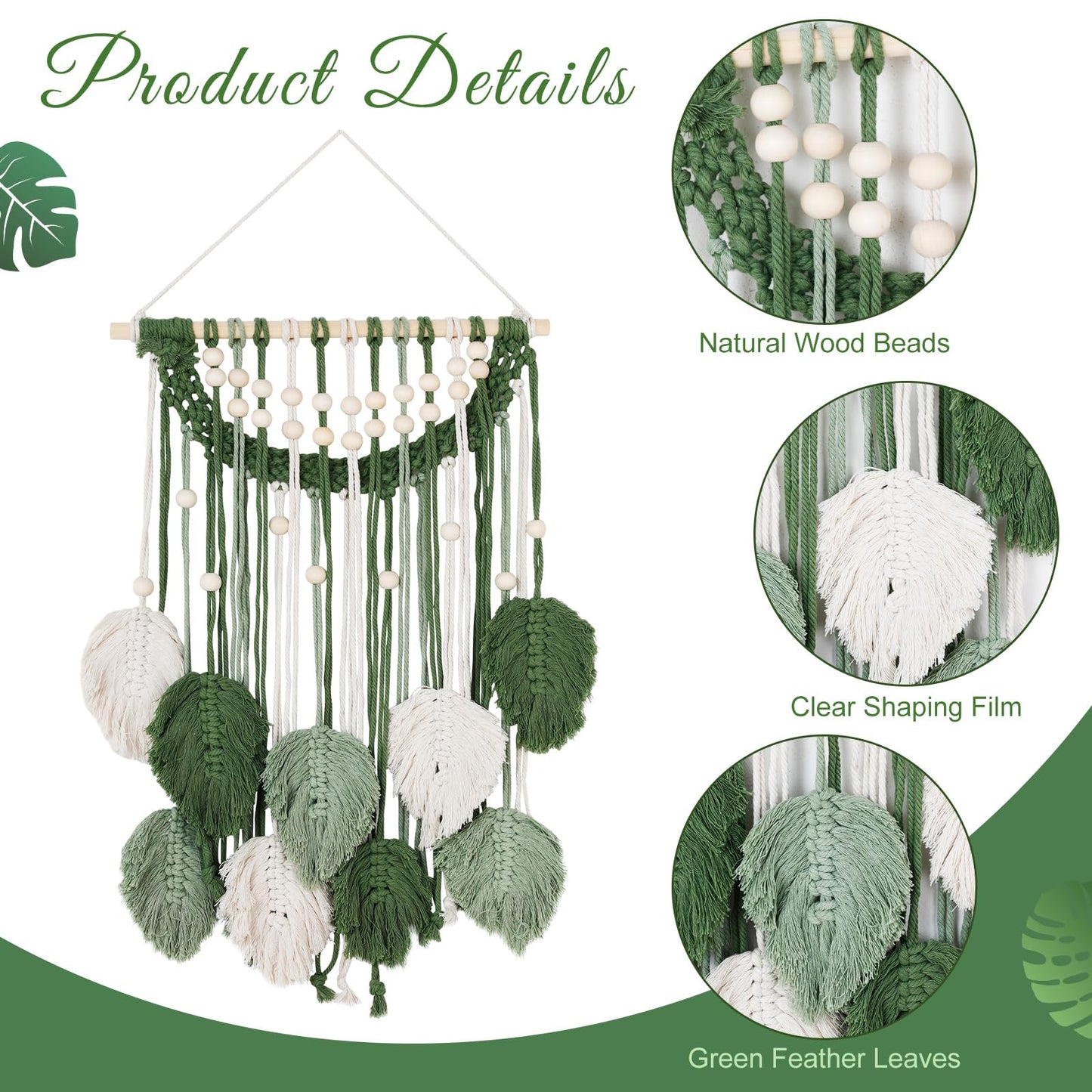 Newwiee Leaves Macrame Wall Hanging Boho Feather Macrame Wall Decor Woven Tapestry Green Stylish Feather Hanging for Nursery Bedroom Living Room 27.6 x 15.8 Inch