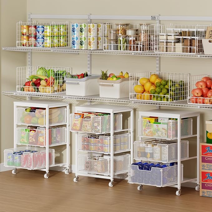 Kitchen Cart with Storage, 3-Tier Pantry Organizer and Storage Cart with Drawer, Fruit Vegetable Storage Cart with Wheels, Wooden Top Metal Wire Kitchen Organizer Rack Stand for Snack Onion Potato