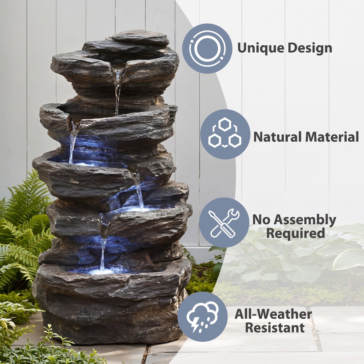 Anunweldo 19.7" Tall Outdoor Water Fountain, 5 Tier Cascading Bowls and Stacked Water Fountain with LED Lights, for Yard Décor, Backyard, Patio and Deck (19.7'')
