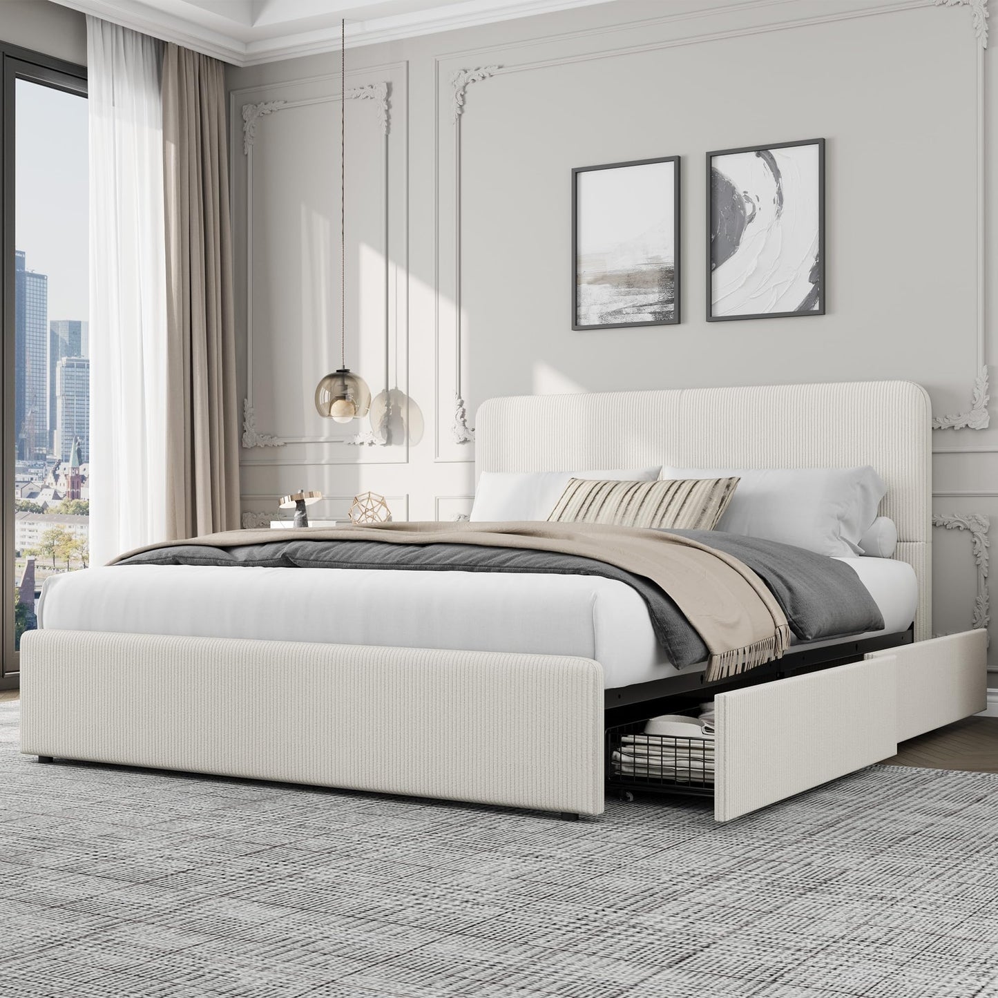 GarveeHome Modern Upholstered Platform Bed Frame with Headboard and Storage Drawers – Strong Wood Slats, Noise-Free, No Box Spring Needed, Easy Assembly – Full Size, Corduroy Neutral-White Tone