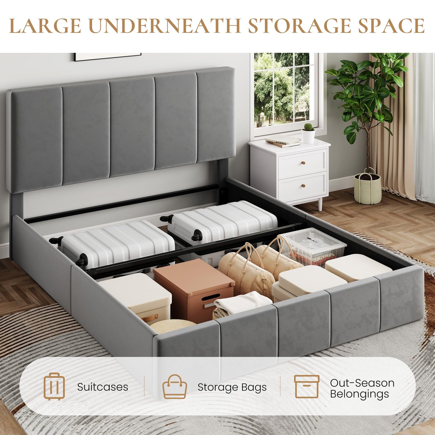 SHA CERLIN Queen Size Lift Up Storage Bed Frame, Adjustable Headboard, Hydraulic Support, Velvet Upholstered, Easy Installation, No Box Spring Needed, Gray