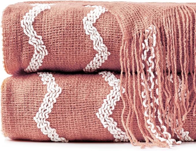 BOURINA Fluffy Chenille Knitted Fringe Throw Blanket Lightweight Soft Cozy for Bed Sofa Chair Throw Blankets, Coral Pink 50" x 60"
