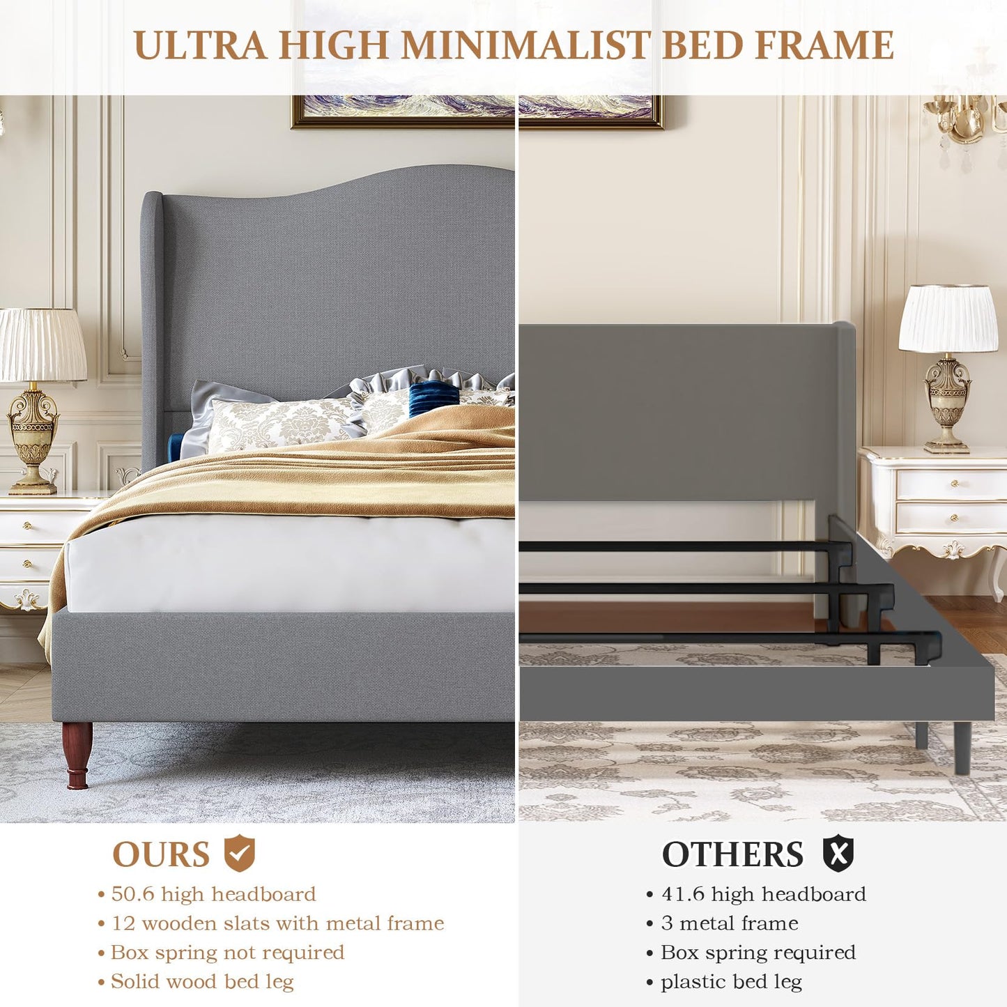 koorlian Queen Bed Frame Upholstered Platform Bed with 51" Tall Headboard Wingback, Soft Fabric, Retro Simple Style No Box Spring Needed, Easy Assembly, Grey