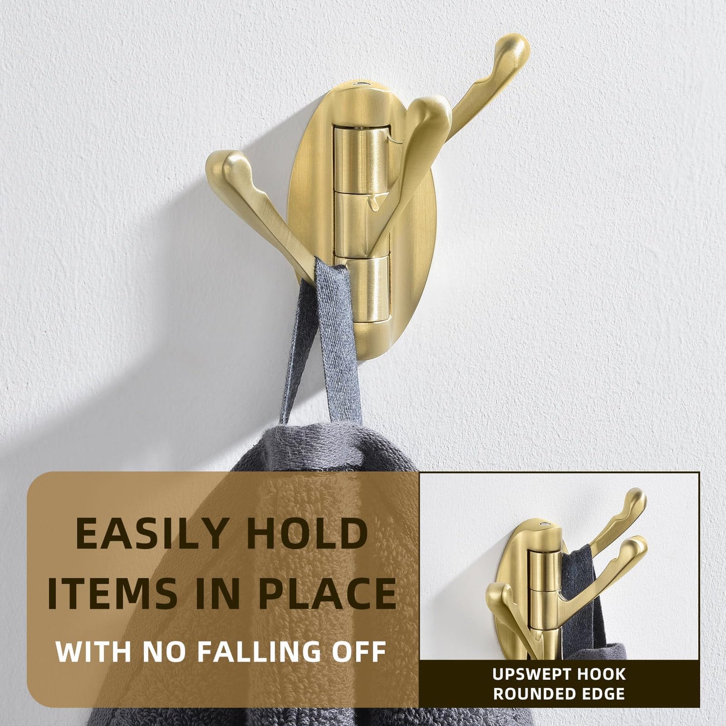 Angle Simple Swivel Towel Hook Brushed Gold 2 PCS, Metal Folding Bathroom Hook, Bath Towel Holder, Heavy Duty Robe Clothes Hanger for Bathroom RV Wall Mount