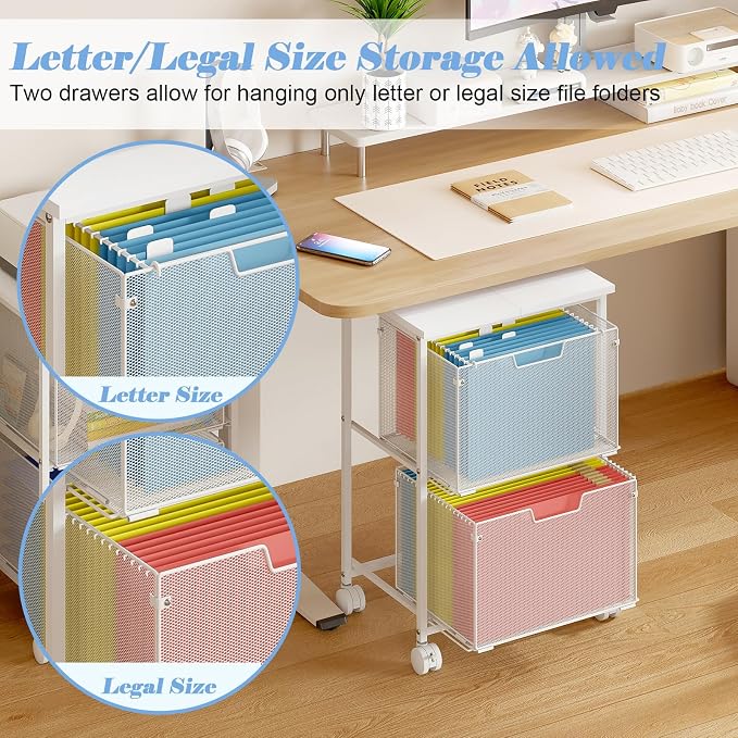 Sbanmao Letter/Legal Rolling File Cabinet, Rolling File Cart with 2 Drawers Filing Cabinet for Home Office, Hanging File Folders Organizer for Under Desk Storage, Mobile Printer Stand, White
