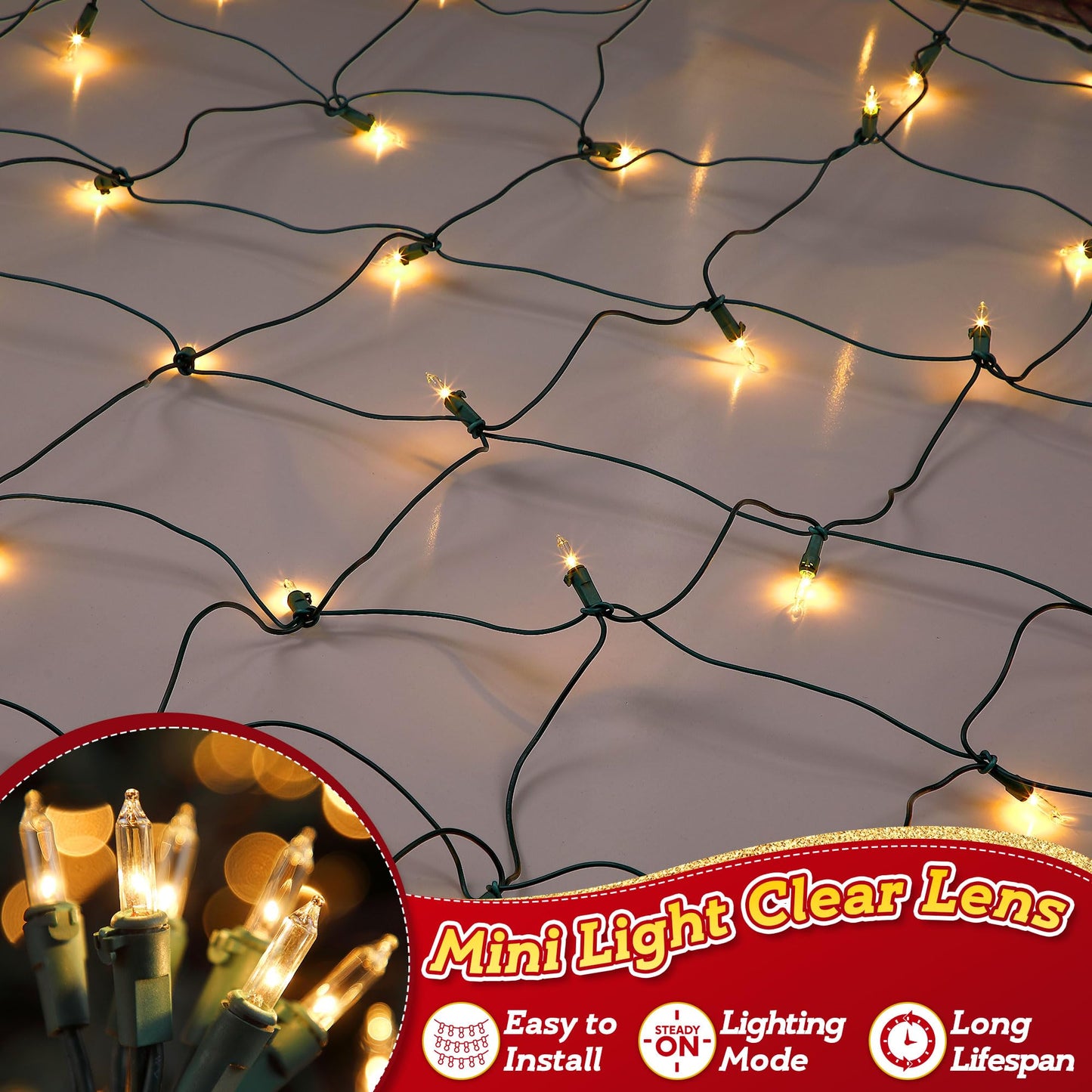 ElectricWise 6 Pack Net Christmas Lights Outdoor 4 x 4 Ft, Clear Mesh Christmas Mini Incandescent Net Lights with End to End Plug for Bushes, Hedges, Tree, Warm White, Green Wire